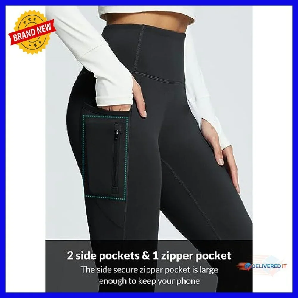 Fleece Lined Thermal Yoga Pants with Pockets, High Waist Flare Leggings